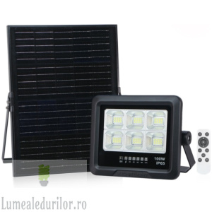 Lampa LED 100W Cu Panou Solar Monocristaline 6500K Si Telecomanda