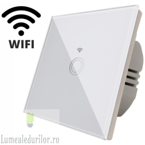 Intrerupator touch simplu WI-FI, sticla securizata, alb