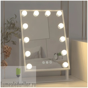 Oglinda LED MAKEUP Hollywood Star Alb, 30×46, Intrerupator Touch 3 Tipuri De Lumina Si Dimabila