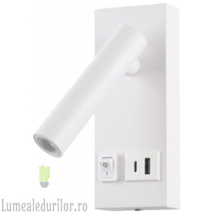 Lampă LED pentru perete, 2W, cu întrerupător ON/OFF + USB, albă